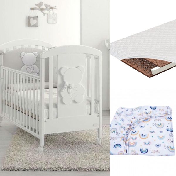 Set Pătuț Bebe Funky alb, saltea Orpheus si 1 cearceaf