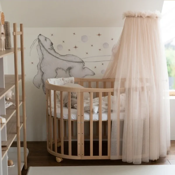 Baldachin din tull beige + 1 suport de prindere pe patut